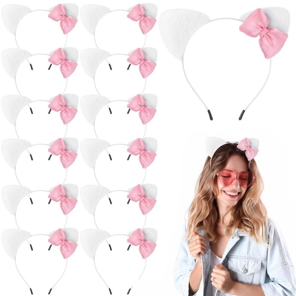 12 Pcs Cat Ear Headbands Pink Bow Costume Party Favor Kids Adults
